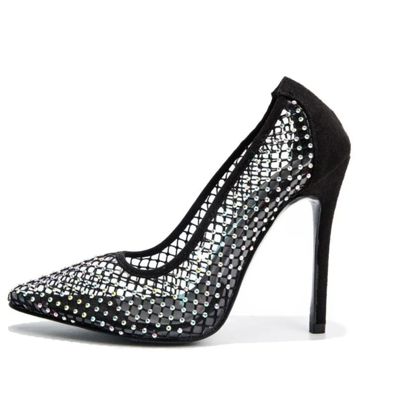Fashion Glitter Colorful Rhinestones Women Pumps Sexy Hollow Out Breathable Mesh Thin Heeled Party Wedding Bride Shoesatr5