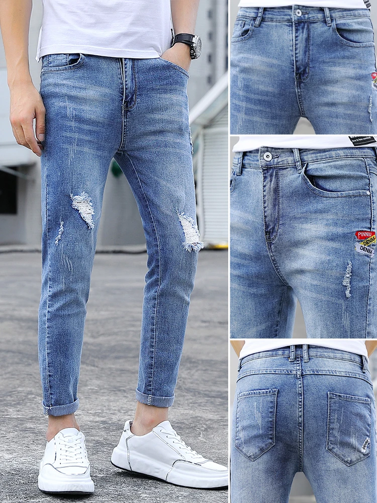 

Slim Fit Summer Thin Denim Jeans Men's Trendy Brand Casual Light Blue Small Foot Nine Point Pants 2025 New Sle Youth Jeans