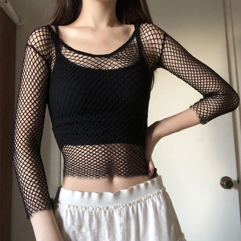 Goth Fishnet Grunge Mall Gothic Women\'s Sexy T-shirts Punk Black White Transparent Basic Crop Tops Skinny Fashion Clothing Alt