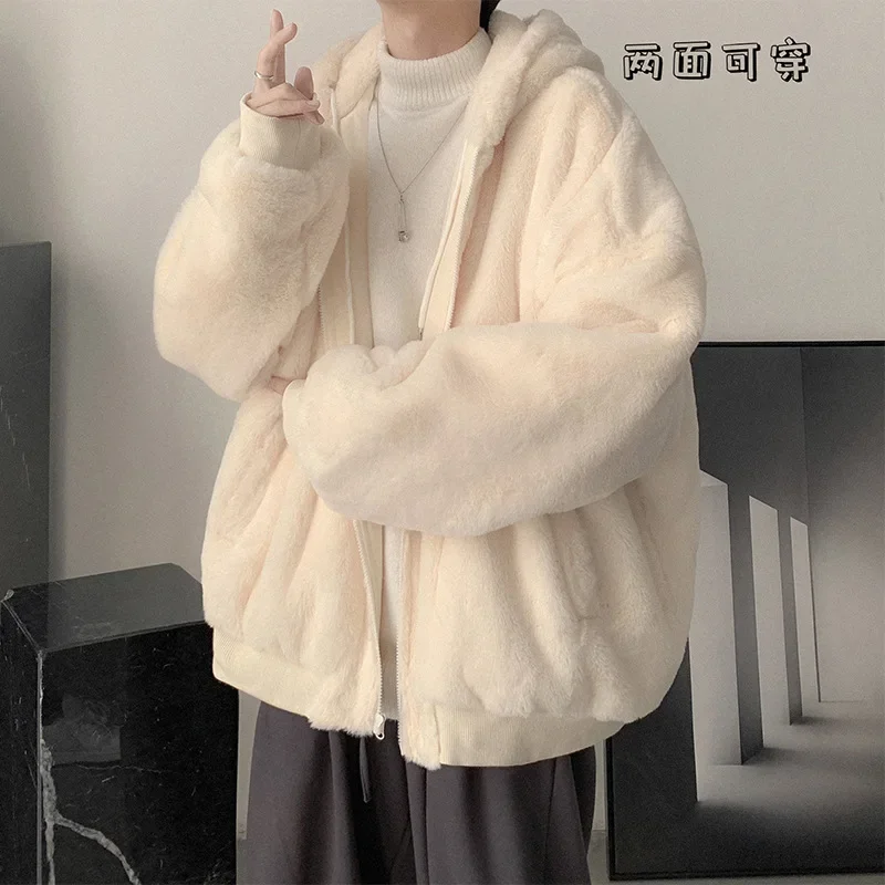 

Pop Double Sided Wear Lamb Wool Thickening Padded Jacket, Men's Winter Solid Color Casual Fleece Warm Hooded Cotton-padded Cloth