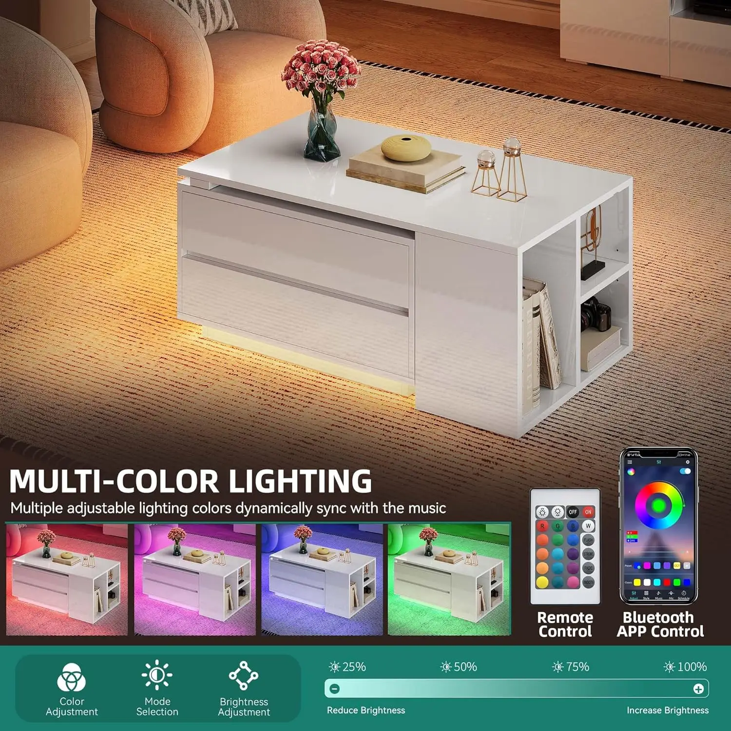 35"-61" Extendable LED Coffee TableModern Wooden Rectangle Cocktail Table with Sliding Tabletop for Living Room, White