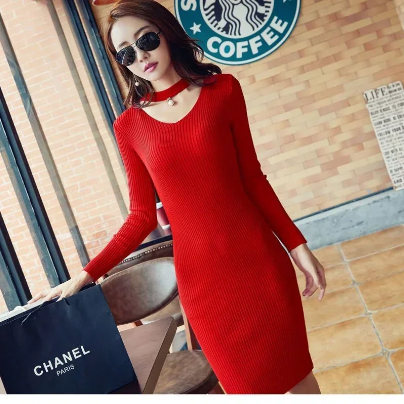 Clothes Hollow Out V Neck Woman Dress Knee Length Red Dresses for Women Sexy Daring Cover Up Knitted Crochet Midi Trendy Y2k Hot