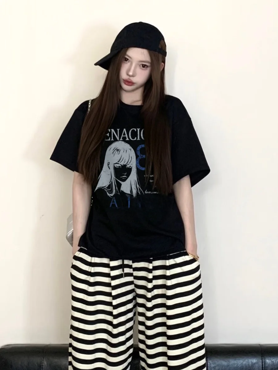 Retro Japanese Dark Style Printed Short Sleeve T-Shirt Women's Summer Heavyweight Oversize Design Black Half Sleeve Tee