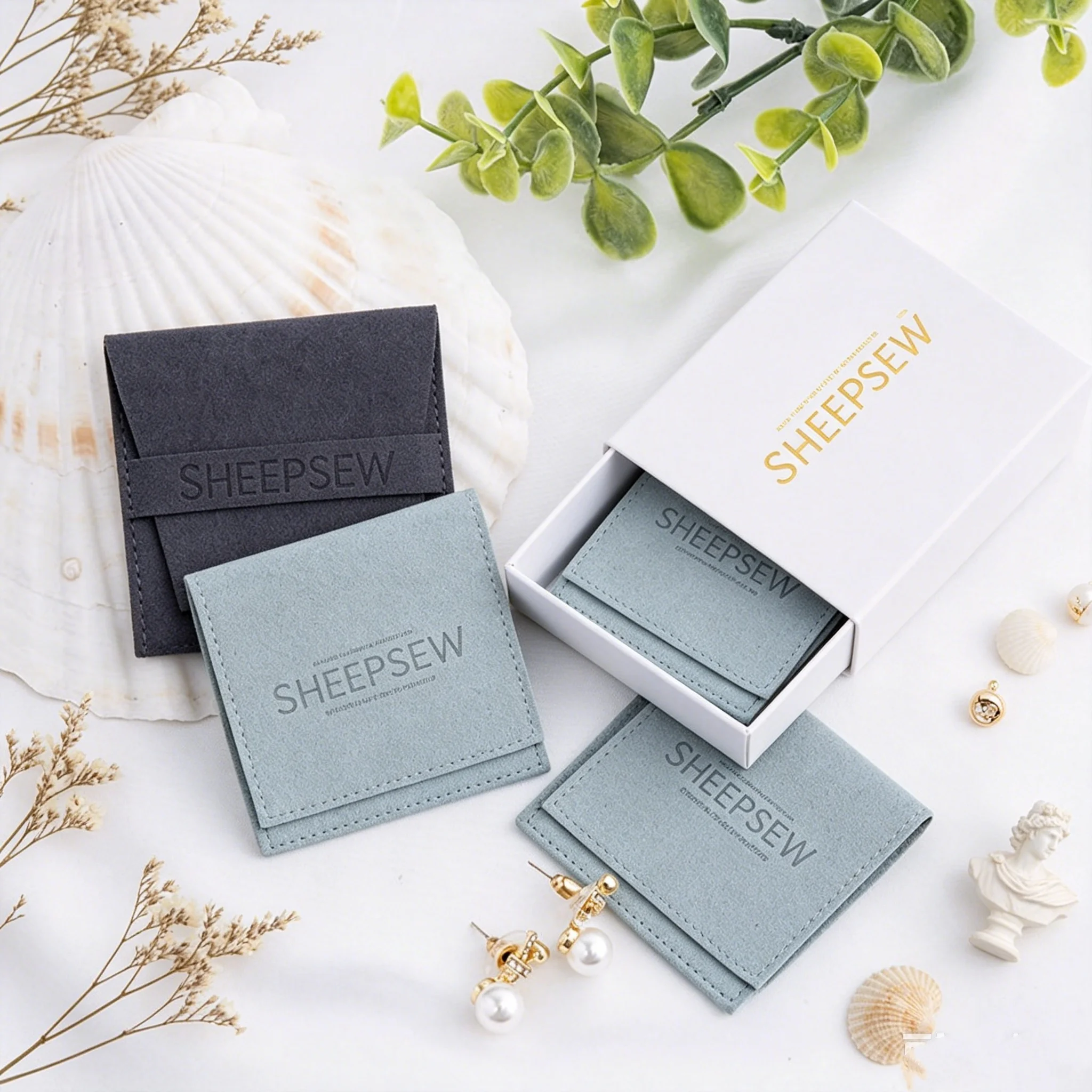 SHEEPSEW High Quality Sky Blue Microfiber Velvet Envelope Flap Small Jewelry Pouch Gift Packaging Bag for Bracelet Earring Jewel