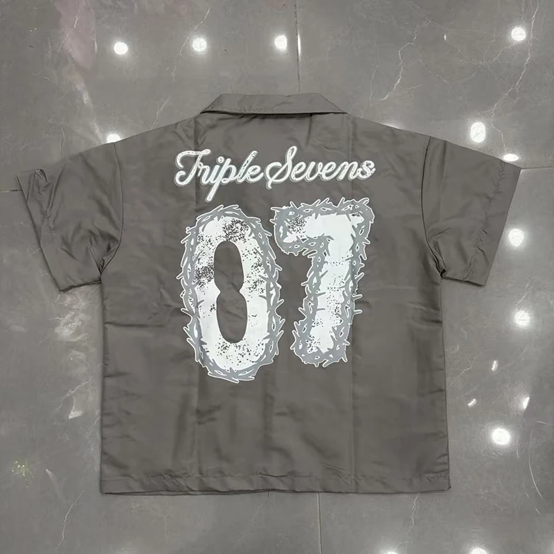 

TRIPLE SEVENS Niche American High Street Streetwear Summer Casual Letter Embroidery Print Short Sleeve Shirt