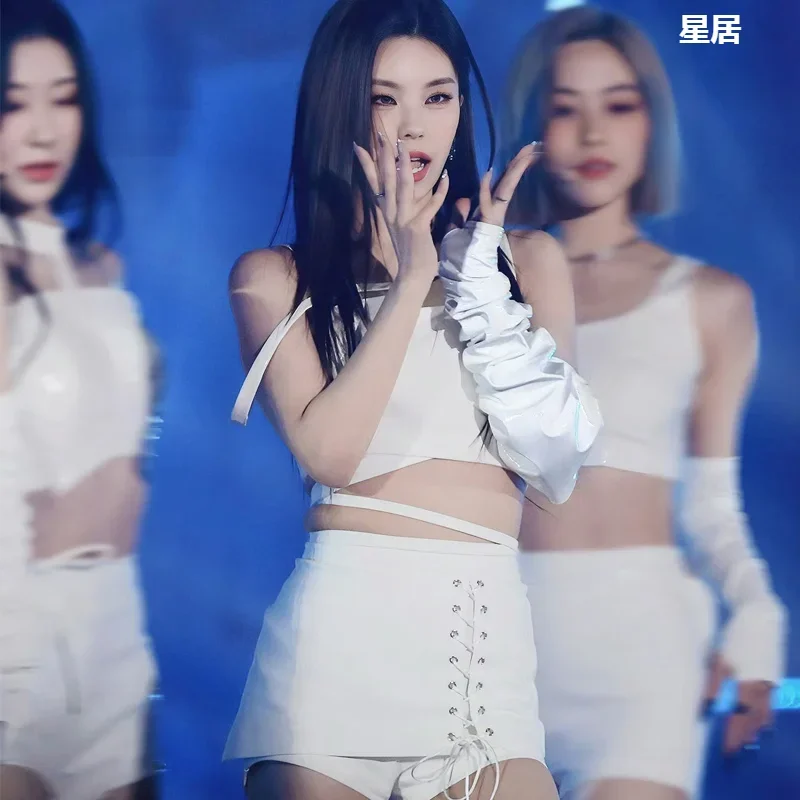 

White Tops Slim Lac-up Shorts Jazz Clothing Women Singer Kpop Outfits Hip Hop Dance Costumes Nightclub Sexy Stage Dancer Wear