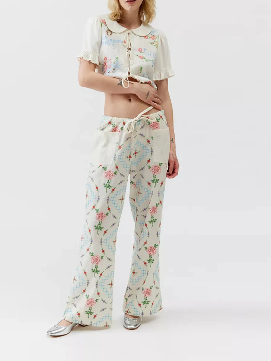 

Women's 2 Piece Pajama Set Floral Prints Short Sleeve Tie Front Ruffles Doll Collar Tops Elastic Waist Pants Sets Loungewear Y2K