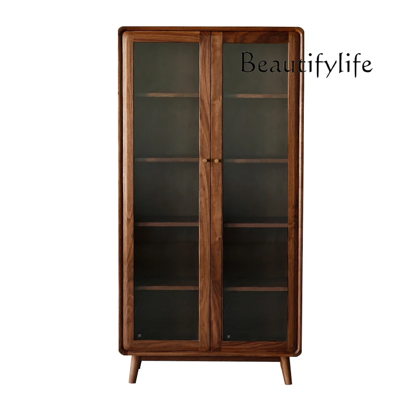 Nordic all solid wood bookcase simple black walnut glass door display combination Japanese shelf book cabinet