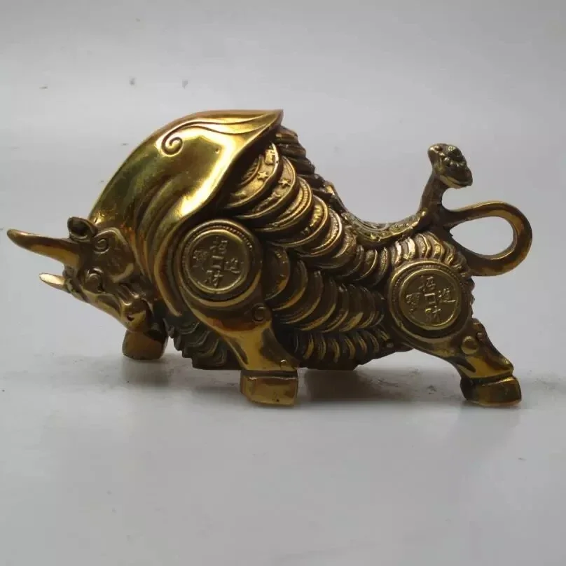 Karya Seni Koleksi Kuningan Ukir Bull Sculpture /Feng Shui Uang OX Patung.