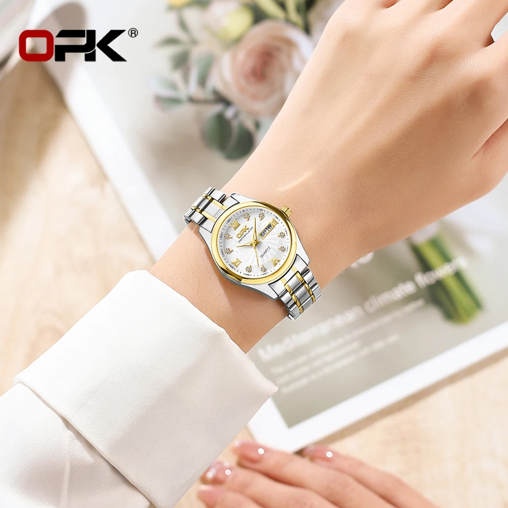 OPK 8103 Watch For Women Luxury Classic Original Quartz Watch Waterproof Ladies Watch Stainless Steel Dual Calendar Display