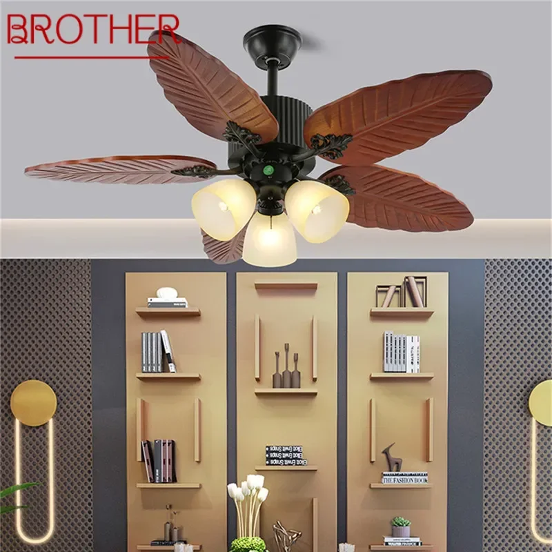 BROTHER European Luxury LED Fan Light American Retro  Living Room Restaurant Bedroom Ceiling Fan Light Remote Electric Fan Light