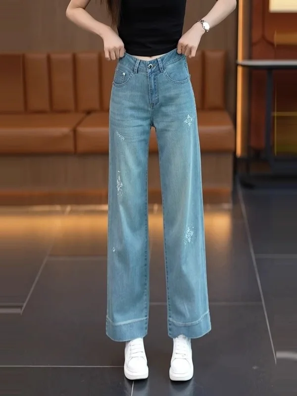 High Waist Straight Leg Jeans Women's Spring Autumn Loose Slimming Draping Small Size Embroidery Narrow Version Nine Point Wi...