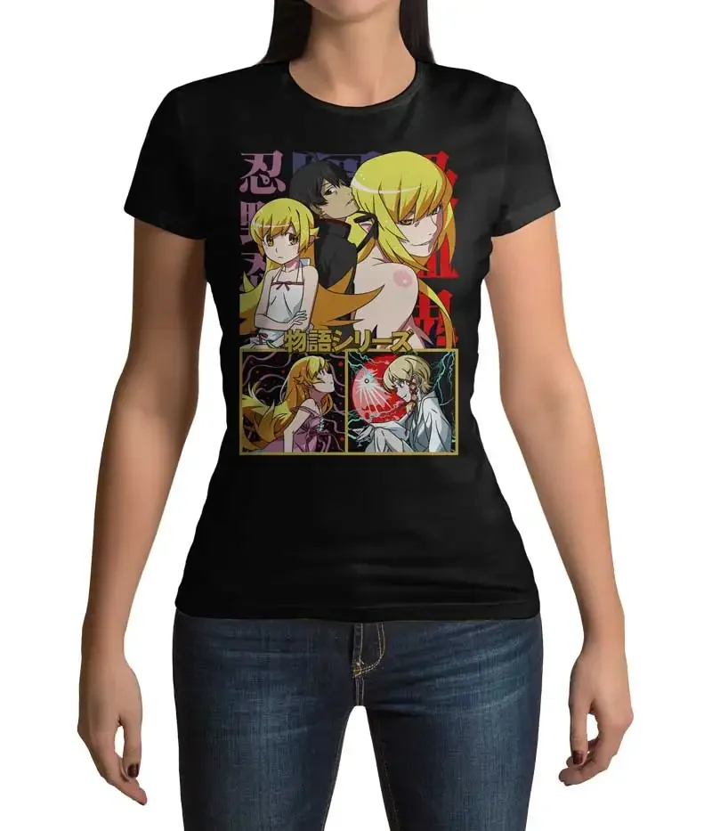 Monogatari Series Stylish Vampire T-shirt – Shinobu Oshino Silhouette & Japanese Text Motifs