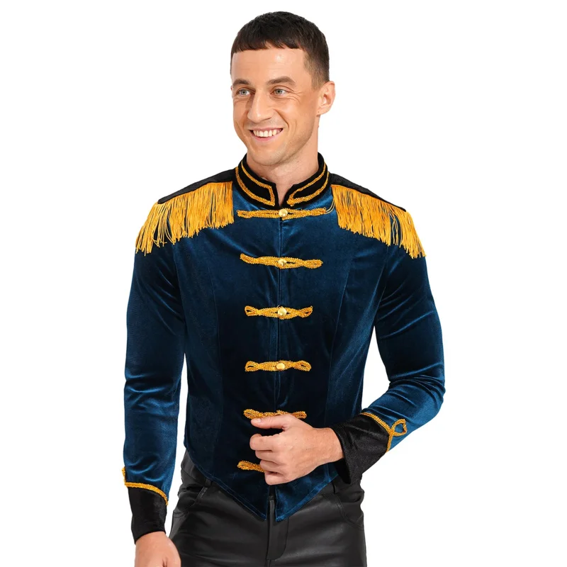 Costume da direttore di circo da uomo, uniforme, costume da showman di Halloween, costume cosplay, colletto alla coreana, giacca in velluto con frange