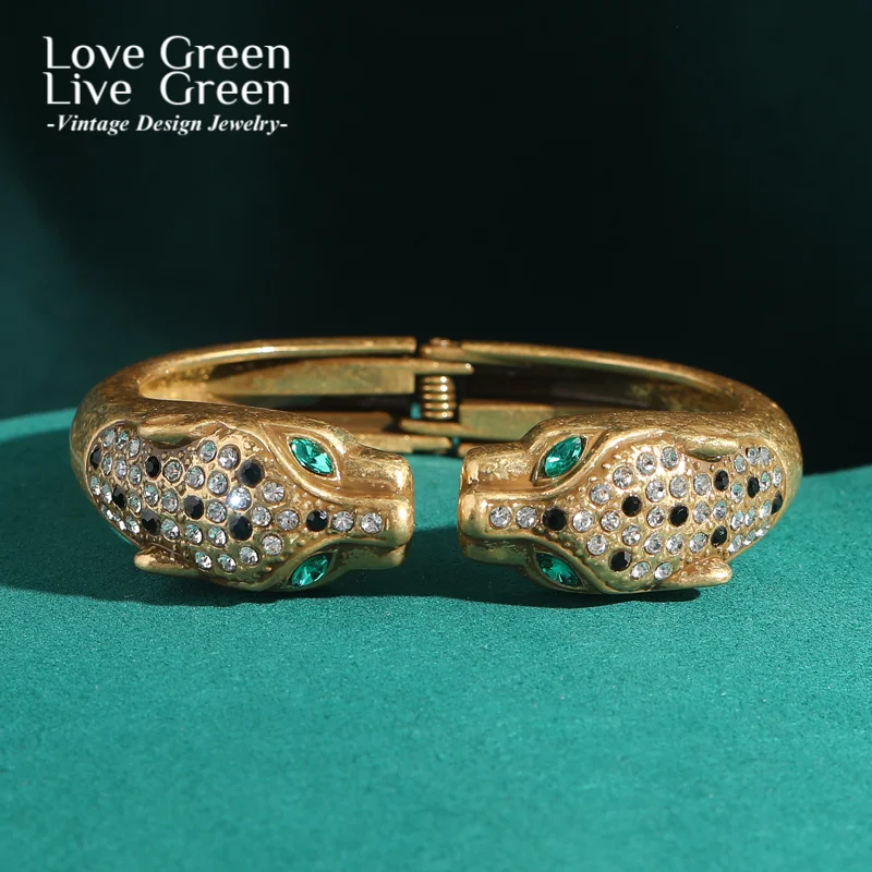 

Vintage Elasticity Leopard Bangle Bracelet Antique Gold Color Rhinestones Accessories Luxury Branded Jewelry Heavy Industry 2025