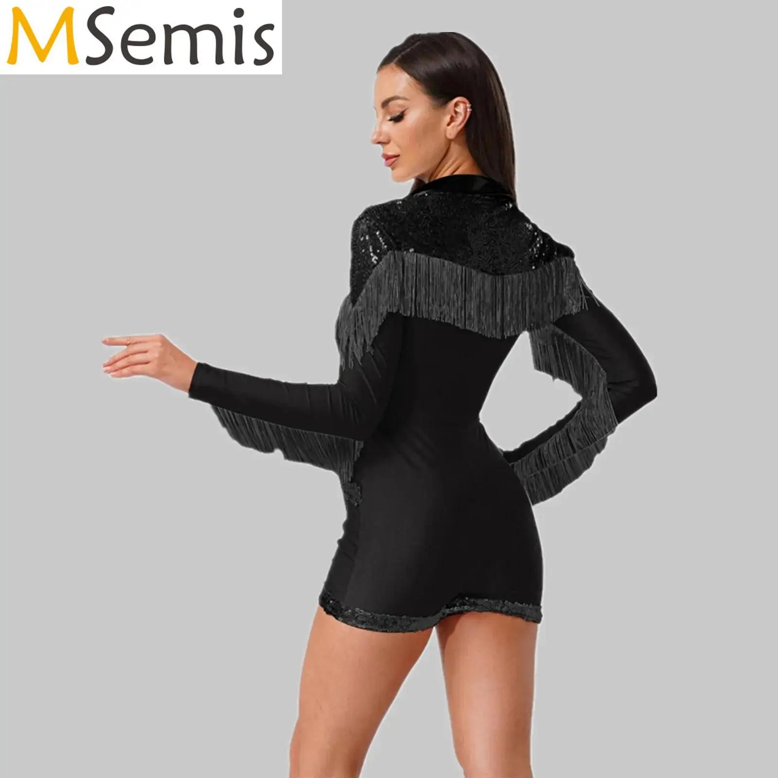

Womens Front Zip Tassel Fringe Boyshorts Bodysuit Sparkly Western Cowgirl Cosplay Costume 70s 80s Disco Playsuit Sequins Rompers