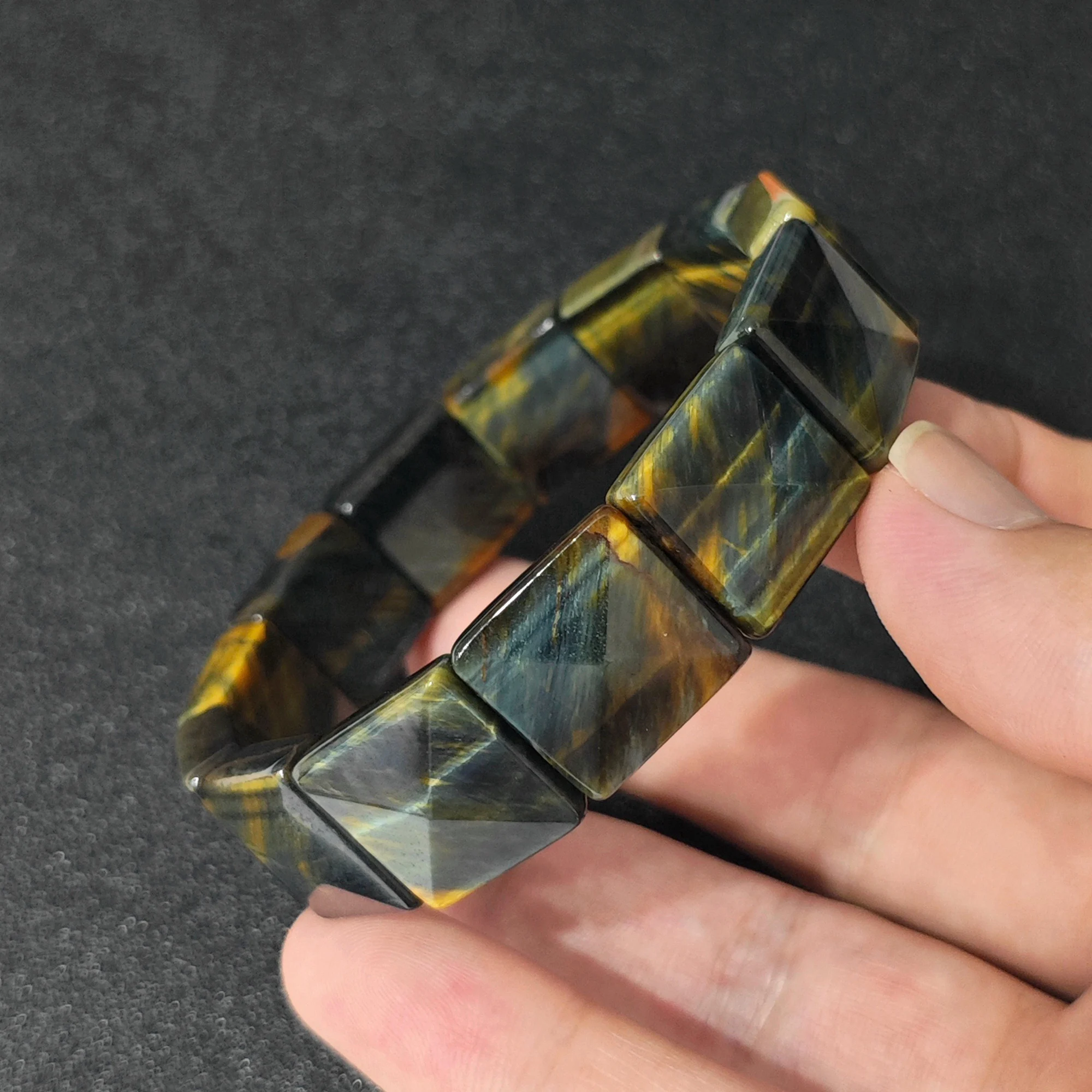Natural Dream Tiger's Eye Bracelet 16x16mm Pyramid Faceted Flat Square Segment Bangle Blue Yellow Gemstone Stretch 16-22cm