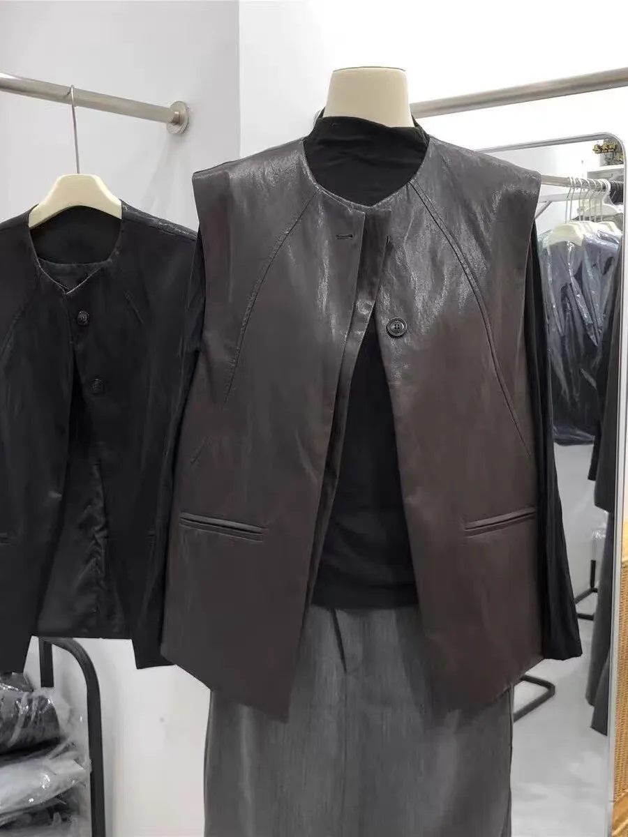 

plus Size Women's Vintage PU Leather Vest Jacket Loose Layering Sleeveless Top Spring Autumn Korean Style Casual Outerwear