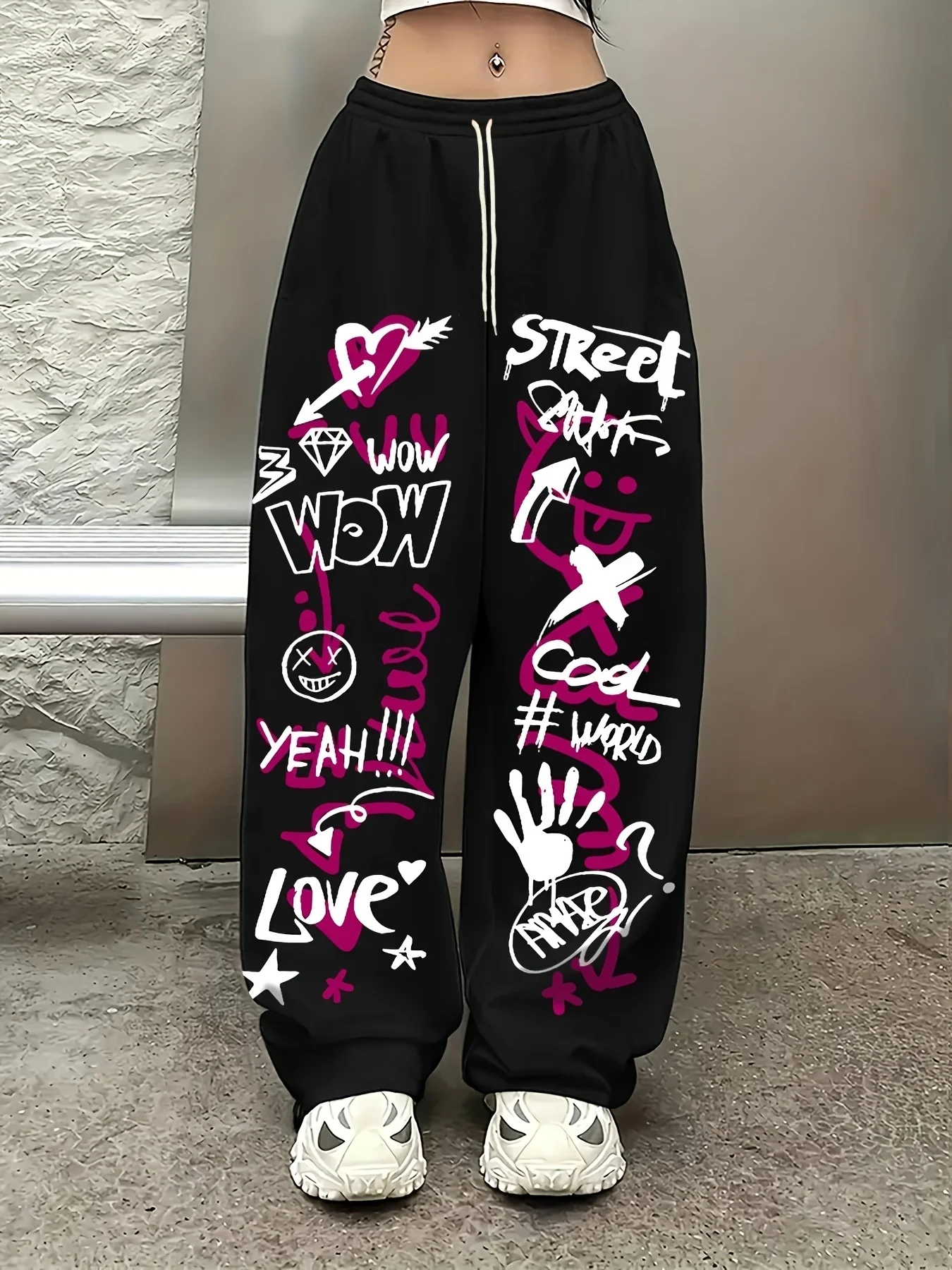 Unisex Summer Quick‑Dry Hip Hop Long Pants Graffiti Letter Print Loose Wide‑Leg Trousers Streetwear Sweatpants for Men Women