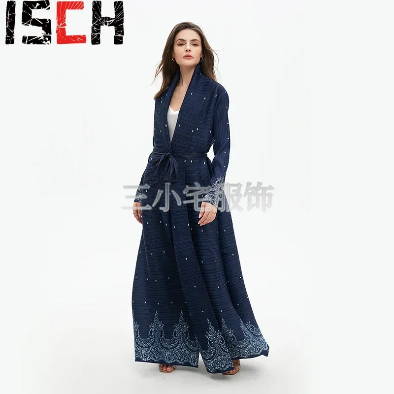 Pleats Robe Long Sleeve Pleated Dress Windbreak Women 2024 Winter New Original Designer Abayas Turndown Collar Belted Coats