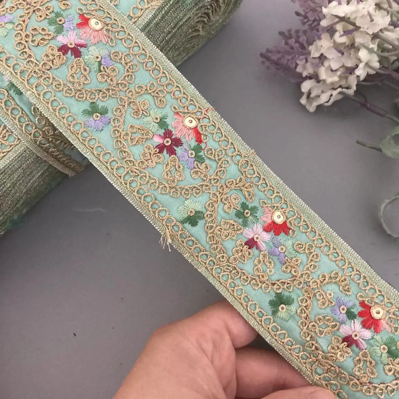 New 1 Yards Fruit Green 5cm Vintage Ethnic Fabric Trim Ribbon Flower Sequins Embroidery Computer Embroidery Belt Accessories