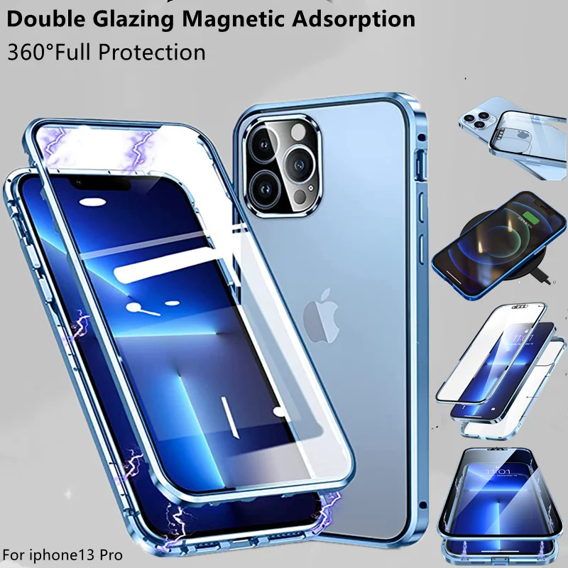 

360°Full Protective Magnetic Adsorption Metal Case for IPhone 14 13 12 11 Pro Max 13 12 14Max MiniDouble Sided Glass Cover