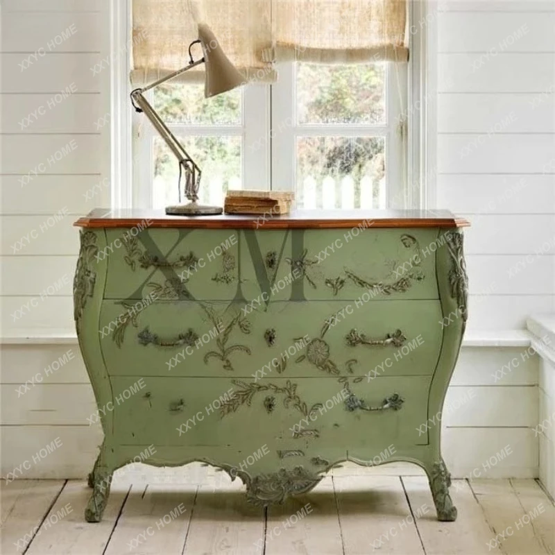 

Мебель из массива дерева в пасторальном ретро-стиле с мелкой цветочной резьбой и старинным декором, серия комодов.