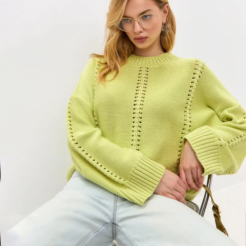 

Autumn Winter Hollow Out Pullover Sweater Solid Color Women Loose Knitwear Top Round Neck Jumper Fashion Trend Female Sweater