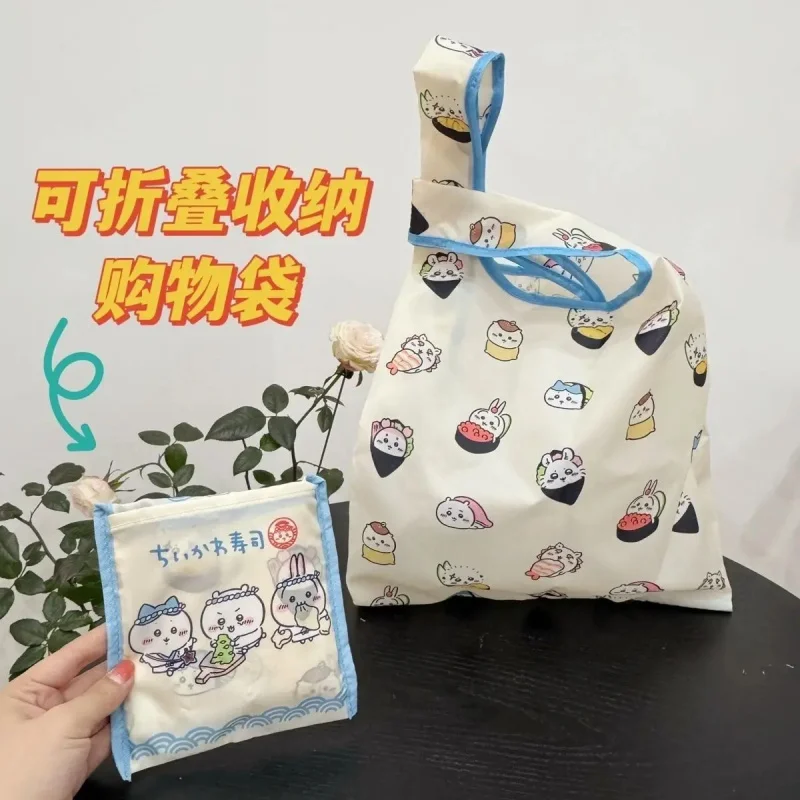 Chiikawa Sushi Co-Branded faltbare Einkaufstasche mit niedlichem Anime-Charakter, vollflächig bedruckt, wiederverwendbare Nylon-Tragetasche, tragbare Handtasche für Lebensmittel