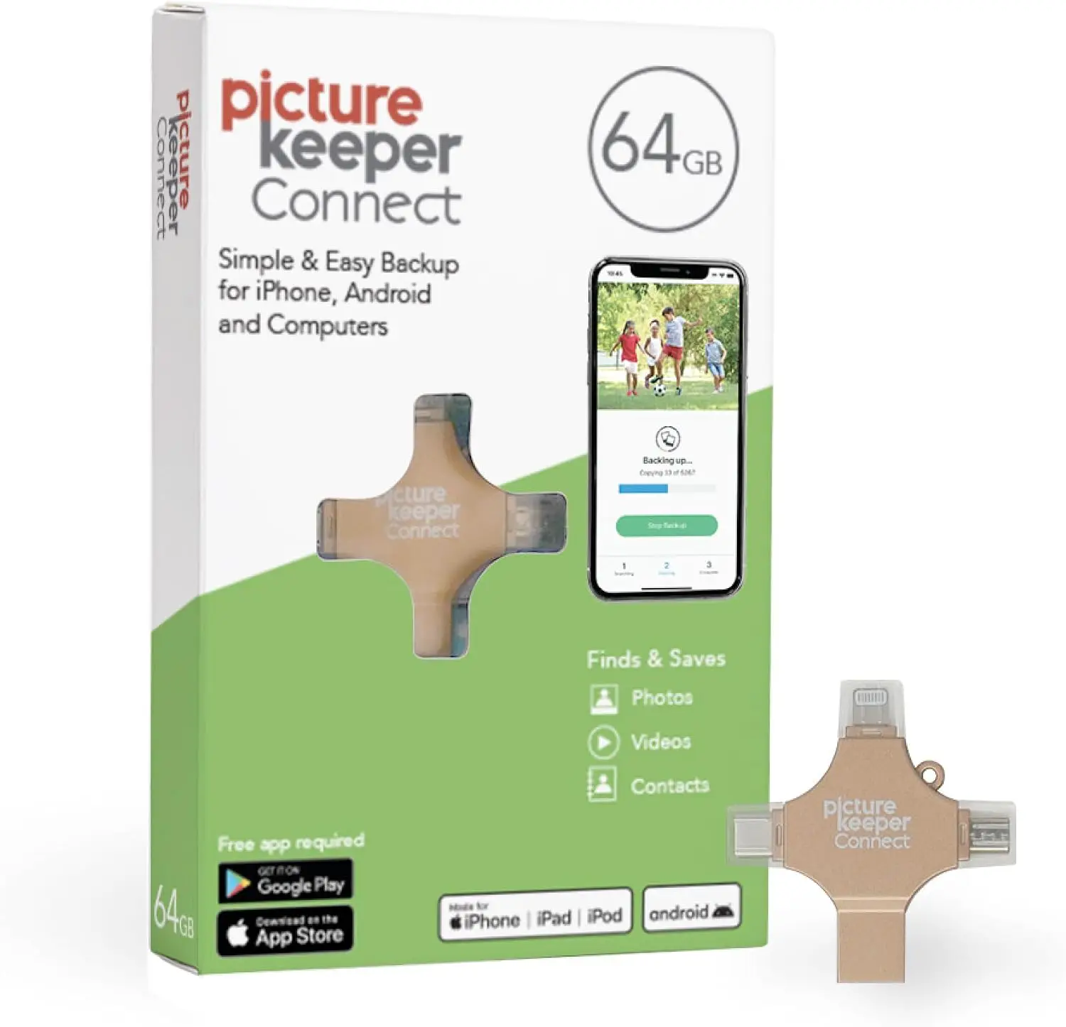 64GB USB Flash Drive for iPhone, Android, USB-C, PC & Mac - Photo Backup, No WiFi Needed