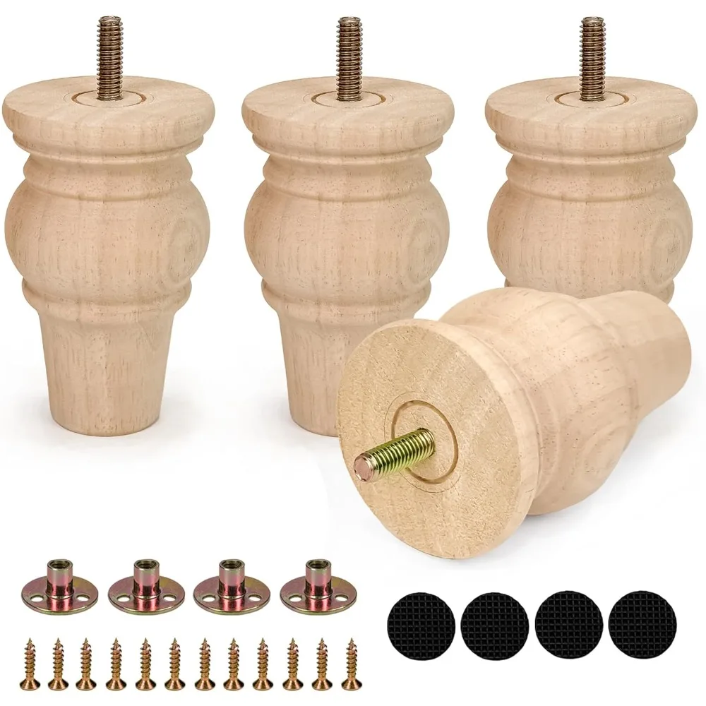 

4 Inch Wooden Furniture Legs with Mounting Plates Screws Set of 4 Solid Wood Unfinished Round Replacement Furniture Feet for Cou