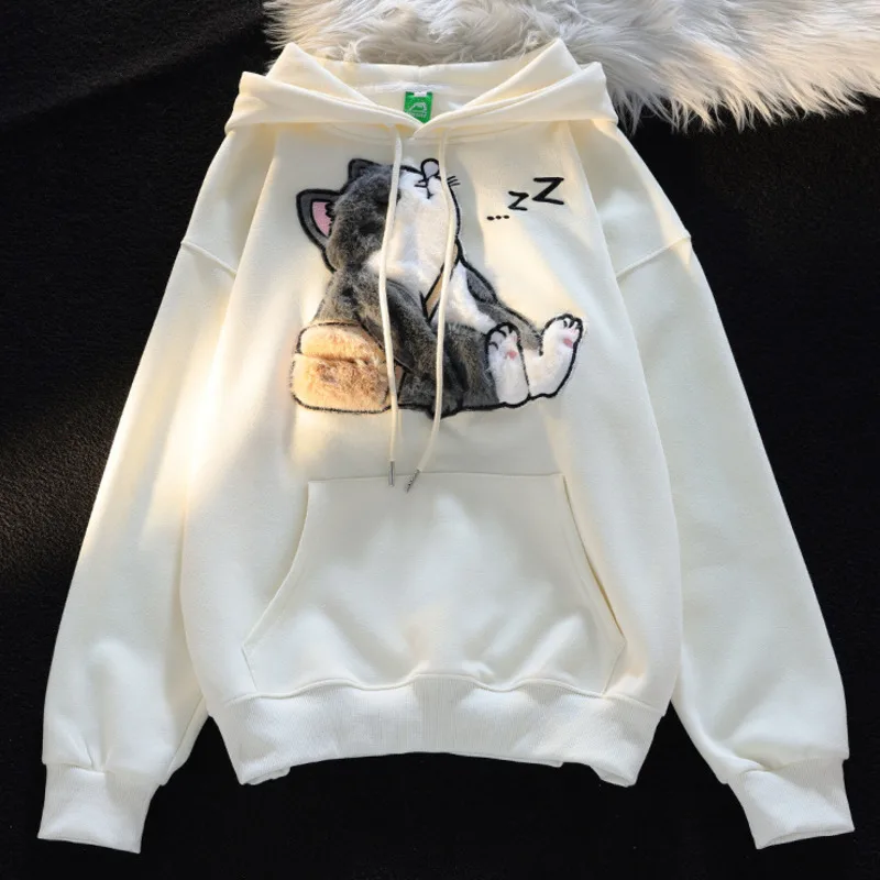 Cat Flocking Cute Loose Hoodie Autumn Woman Casual Sweatshirt Long Sleeve Hooded Streetwear Harajuku Kawaii Fashion Hoodies