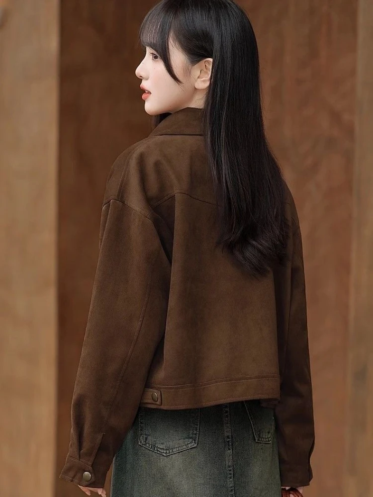 سترة قصيرة بنية لطيفة 2025 معطف ربيعي نسائي بتصميم هاراجوكو أمريكي عتيق