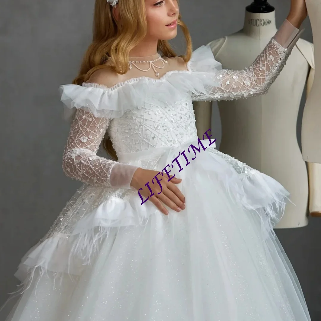Girls Luxurious Long Sleeve Princess Gown with Customized Puffy Glitter Sequins And Feathers for Stage Performance