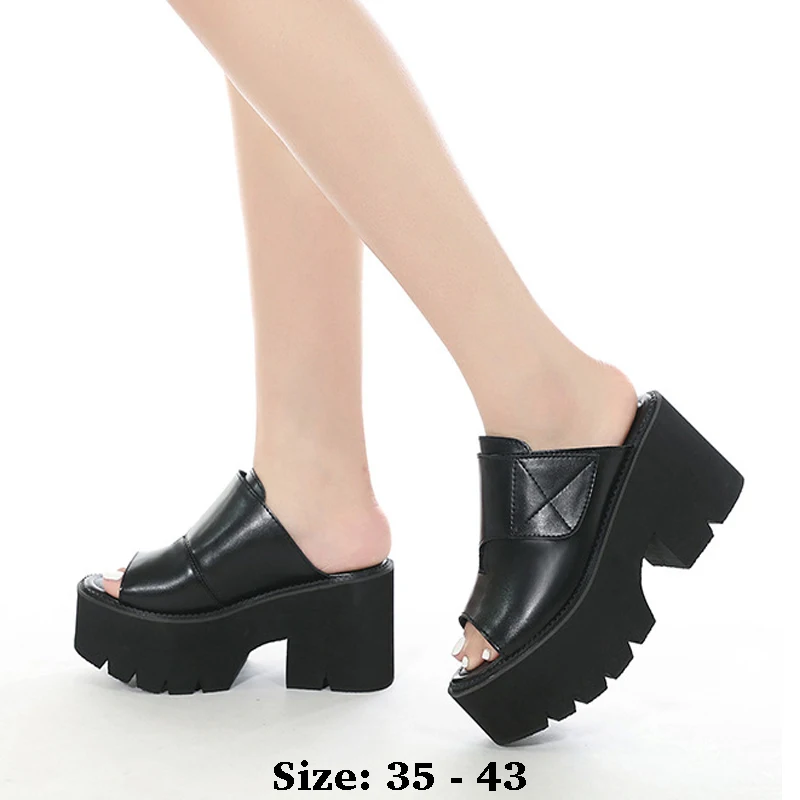 

High quality summer thick soles leather sandals for women 8.5cm high heel new 2025 35 43 platform open toe fashion shoe black