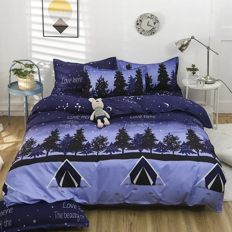 Night Camping Duvet Cover 4 Piece Outdoor Adventure Theme Tree Camper Tent Bedding Set Fantasy Starry Sky Reversible Quilt Cover