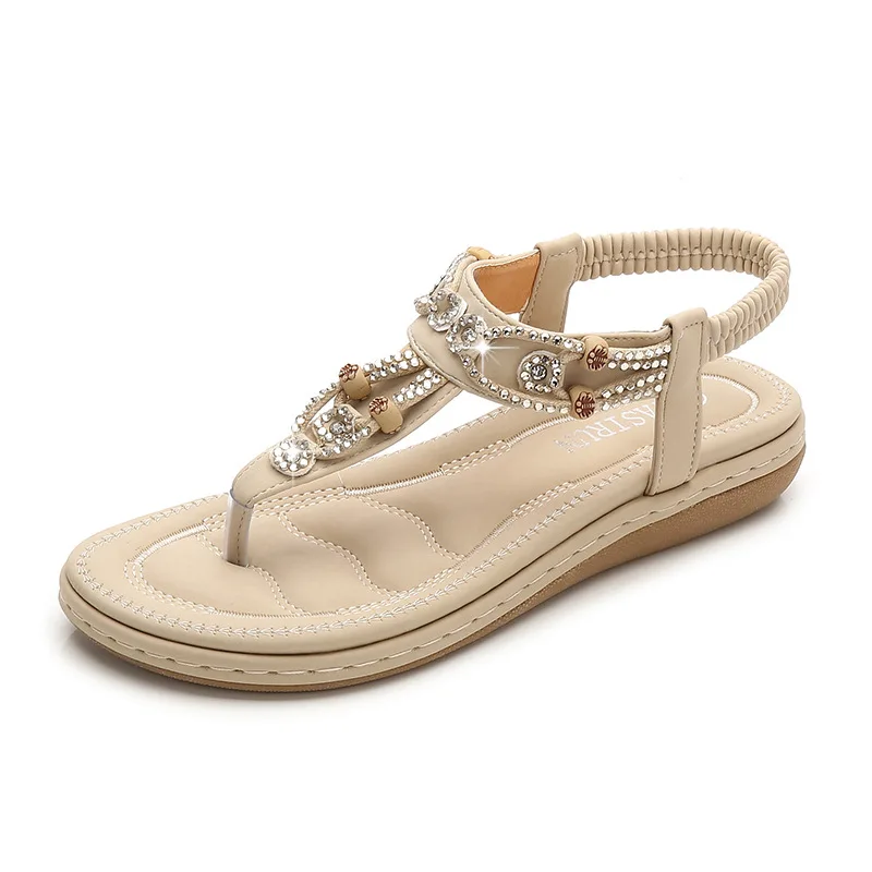 Summer Shoes for Women Fashion Bohemia Women Crystal Bead Flat Sandals Casual Flip Flops Slip on Sandalias Beach Shoes 35-42