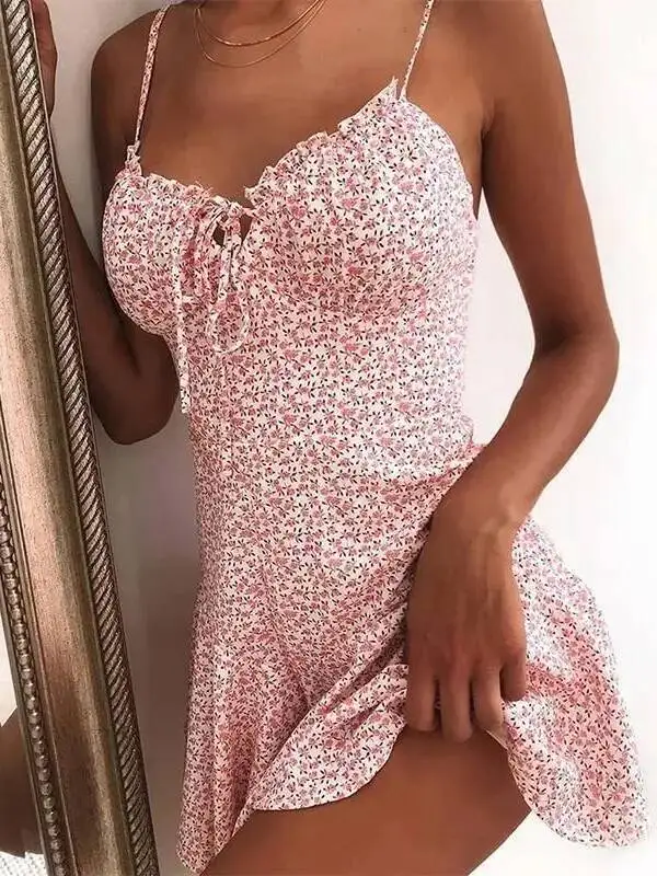 Floral Print A Line Mini Dresses Sexy Lady Dating Camisole Strapless Backless Dress Boho Solid Beach Clothing Fashion Top