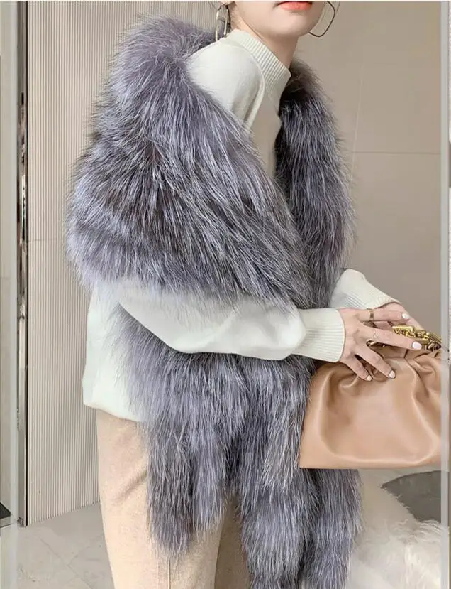 Winter Natural Real Silver Fox Fur Shawl Women Outdoor Warm Fluffy Scarf Decoration Big Scarves Wraps