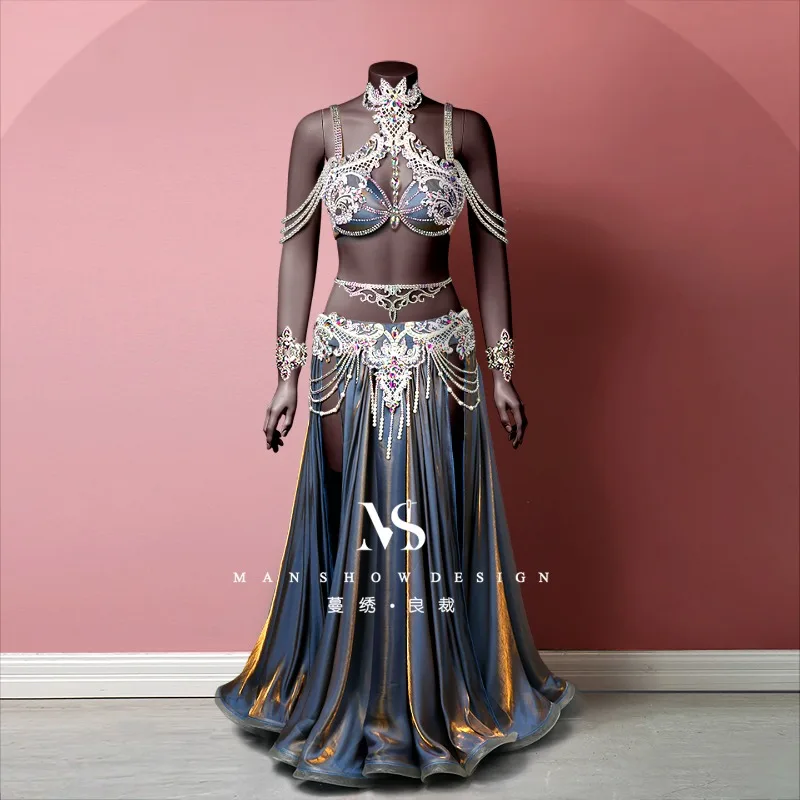 

Customized Belly Dance Performance Dress Colorful Skirt Tassel Waist Chain High End Chest Wrapping Set Bra Long Skirt