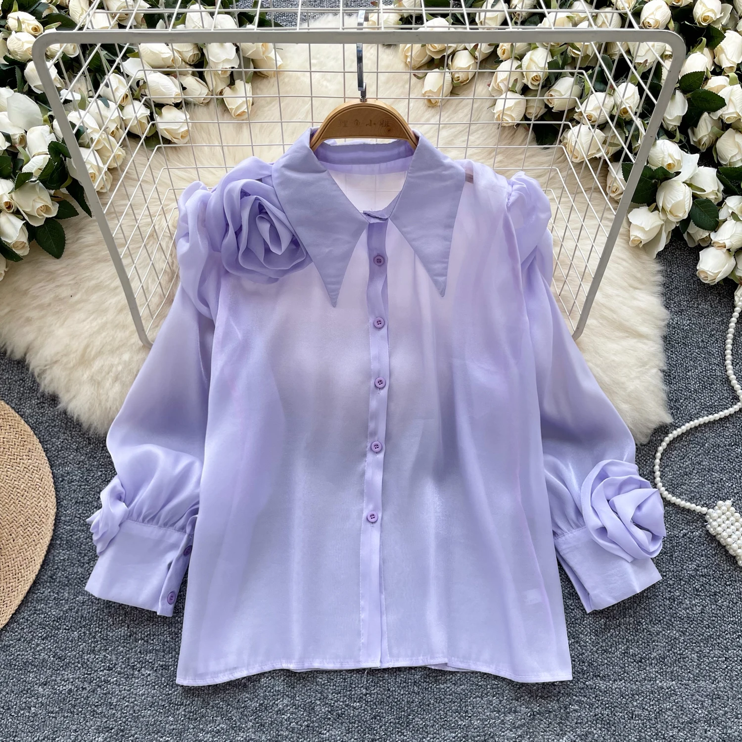 Chic Three-dimensional Floral Pleated Casual Long Lantern Sleeve Sexy  Basics Turn-down Collar High Street Vintage Autumn Blouse