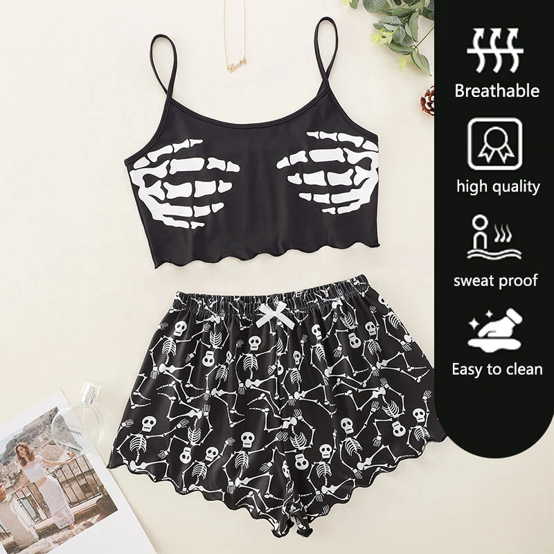 2PCS/Set Women Printed Halter Bustier Top Shorts Halloween Homewear Sexy Halter Shorts Ladies Fashion Soft Casual Sexy Pajamas