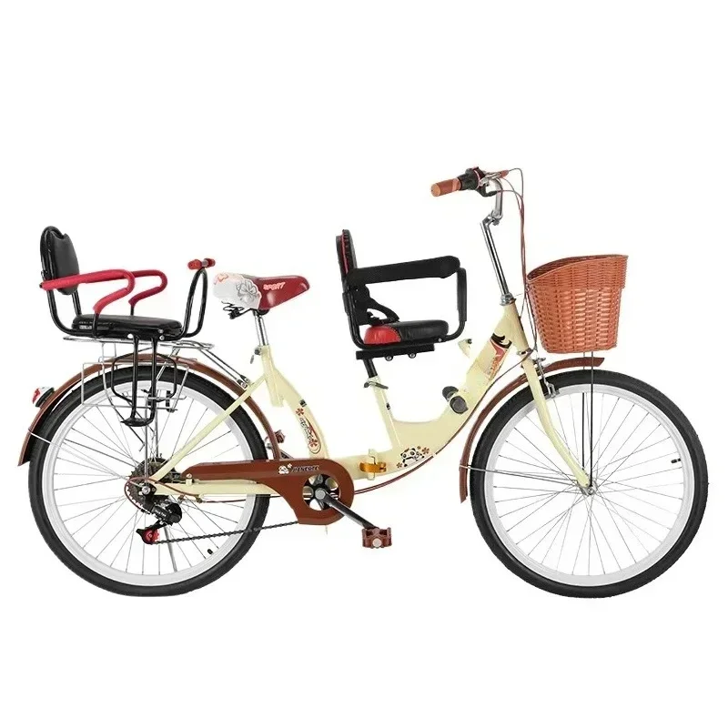 Folding bicycle with baby double front and rear guardrail to pick up children can bring children 3-person bicycles