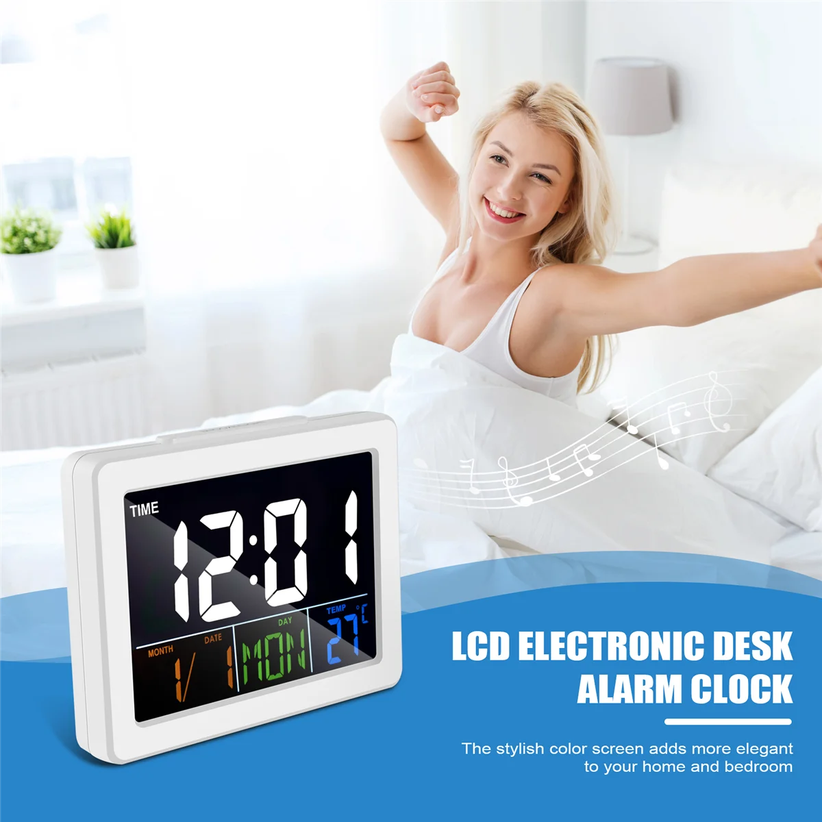 Kolorowy elektroniczny budzik biurkowy LCD z dużym ekranem i wyświetlaczem temperatury i daty