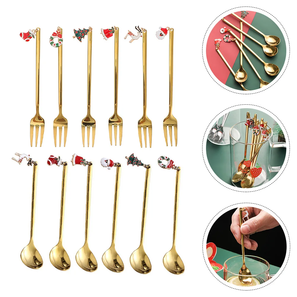 

Coffee Spoons Ice Cream Forks Kit Christmas Patterns Tableware Household Kitchen Supplies Spoons Forks Set For Home