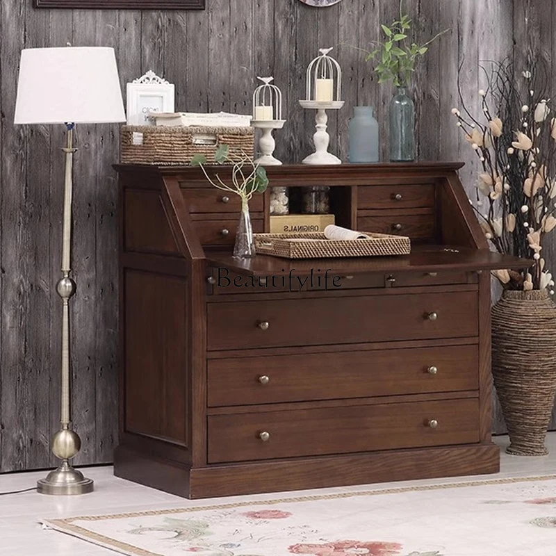 

French Retro Solid Wood Dressing Table Vintage Style Desk Chest of Drawers American Light Luxury Bedroom Folding Storage Cabinet