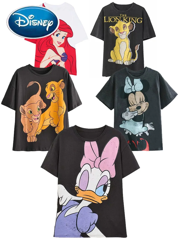 Disney Chic Women Mickey Mouse Donald Duck The Lion King SIMBA Letter Cartoon Print T-Shirt O-Neck Pullover Short Sleeve Tee Top