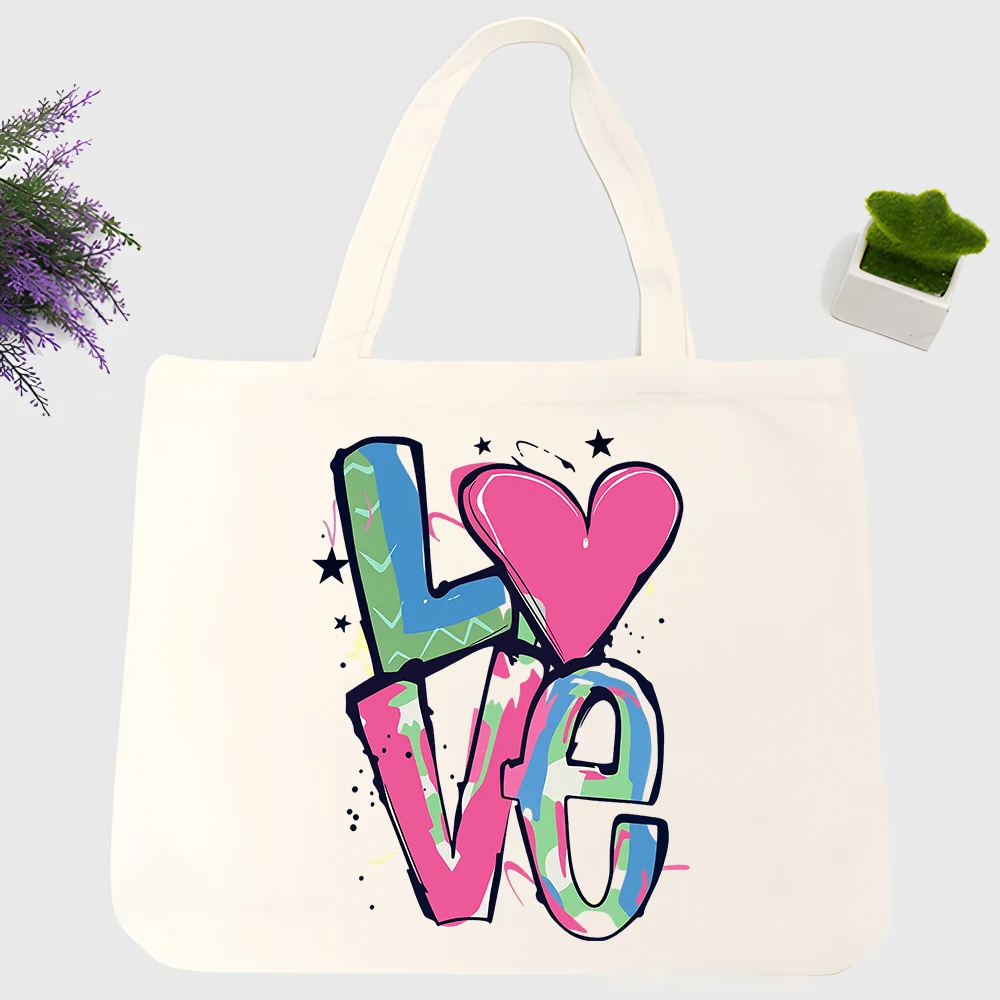 Men's love letter print canvas tote bag with heart graphic, perfect for casual daily use and summer outings