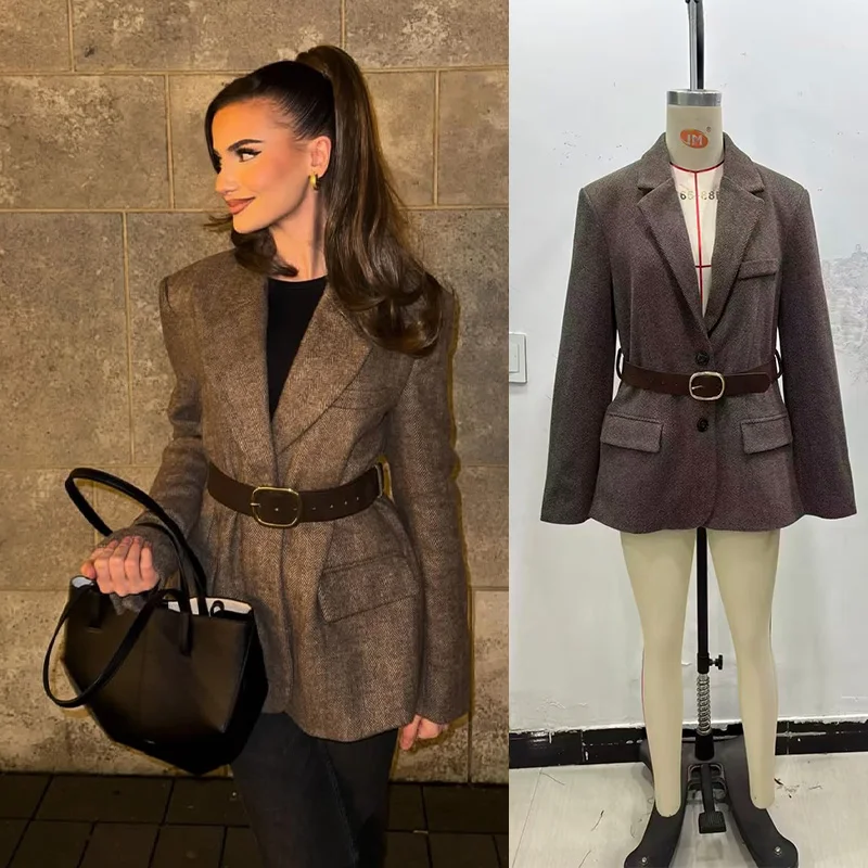 2026 Woman's Brown Streetwear Blazer Fashion With Belt Pocket Fit Coat Women Commuting Thicken Herringbone Texture Suit Tops