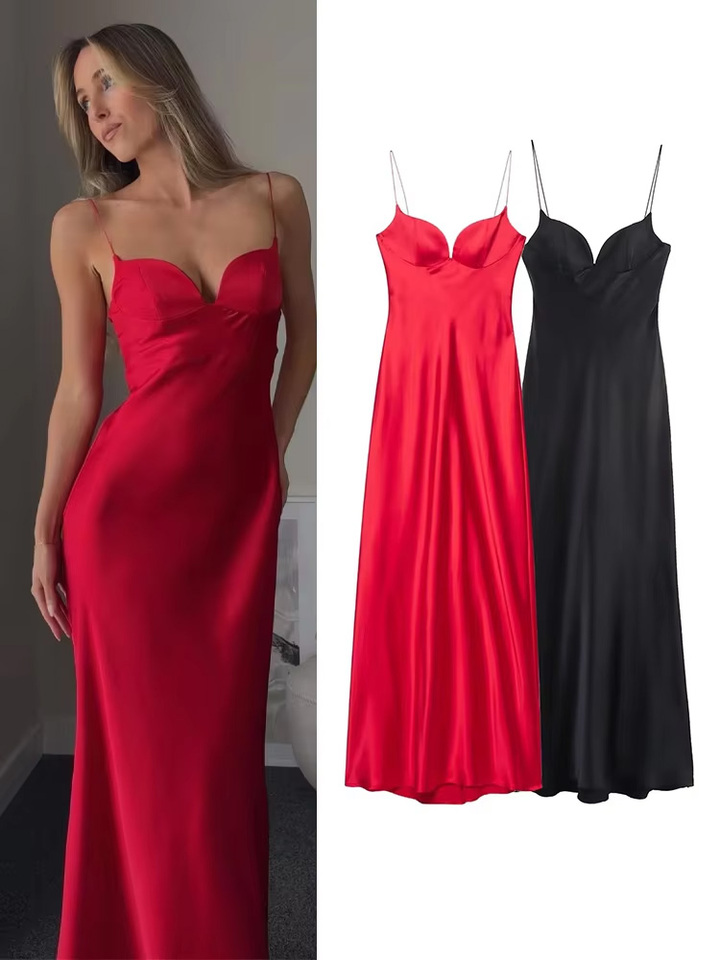  HH 2025 Women Summer Holiday Style Back Zipper Satin Texture Long Dress Sleeveless Women's Fashion Red V-Neck Sling Dresses 